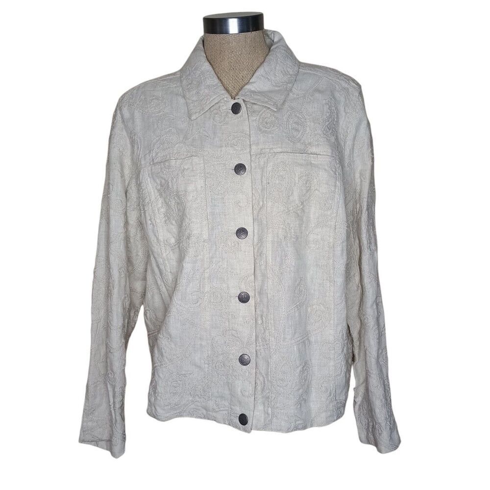 St Tropez West Jacket  Woman Sz 1X Natural Linen Floral Embroidered Button NWT